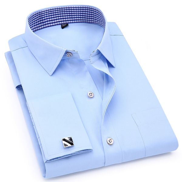 

french cuff men's long sleeve dress shirt slim fit male social business casual cufflinks wedding banquet shirt high quality, White;black