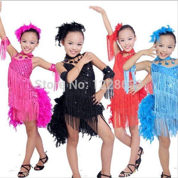 

child kids girls sequin feather fringe latin dance performance latin dance wear tango clothes dress for ballroom dancing, Black;red