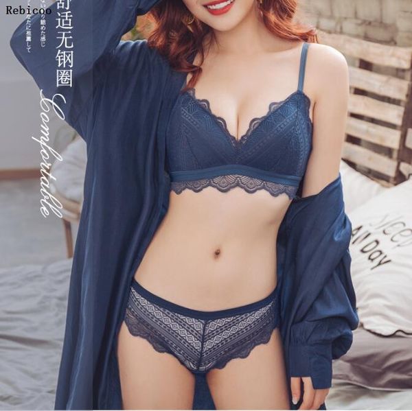 

new blue bra panties set lace lingerie thin cotton brassiere wire embroider bra women underwear set deep v gather, Red;black