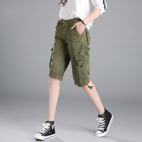 

outdoor large size camouflage cargo shorts women hiking sports multi pocket loose straight baggy shorts short trousers, Brown;gray