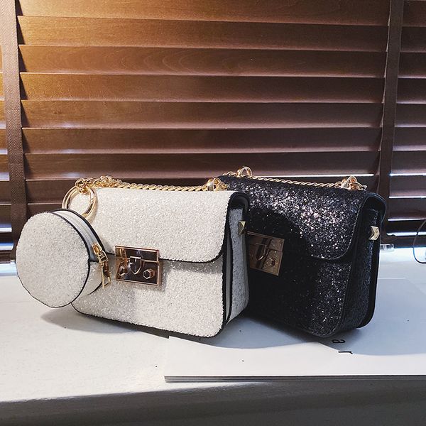 

sequins square crossbody bag 2020 fashion new pu leather women's handbag lock chain shoulder messenger bag