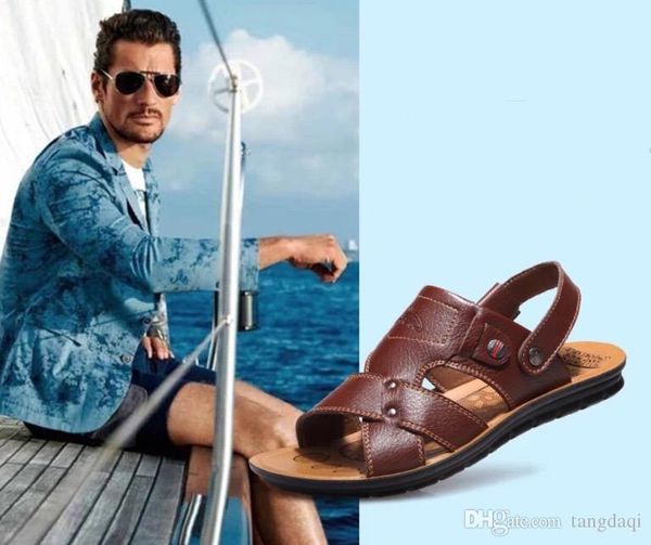 

men's leather sandals dual use 2019 new summer non-skid cowhide beach shoes outdoor casual soft bottom men's slippers, Black