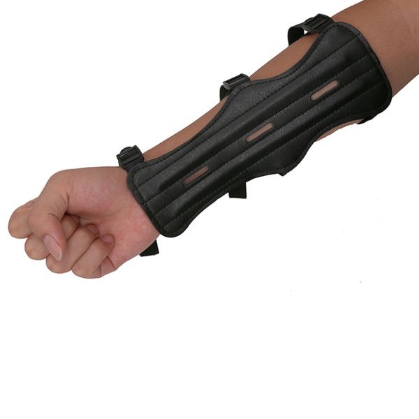 

shooting archery arm guard protection safe guard with 3 strap target archery arm protector safe strap armband pu leather black, Black;gray