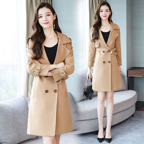 

large size double breasted spring autum long trench coat slim solid fashion women turn-down collar casacos compridos femininos, Tan;black