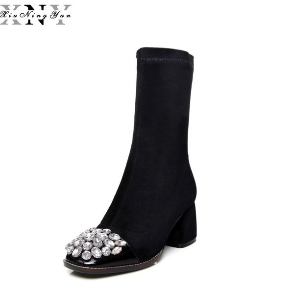 

xiuningyan women boots fashion rhinestone square toe high heel genuine leather shoes autumn winter thigh high ladies boots 2019, Black