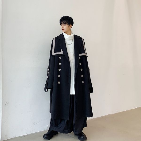 

men double breasted ribbon splice loose casual long windbreaker jacket overcoat male streetwear vintage trench coat outerwear, Tan;black