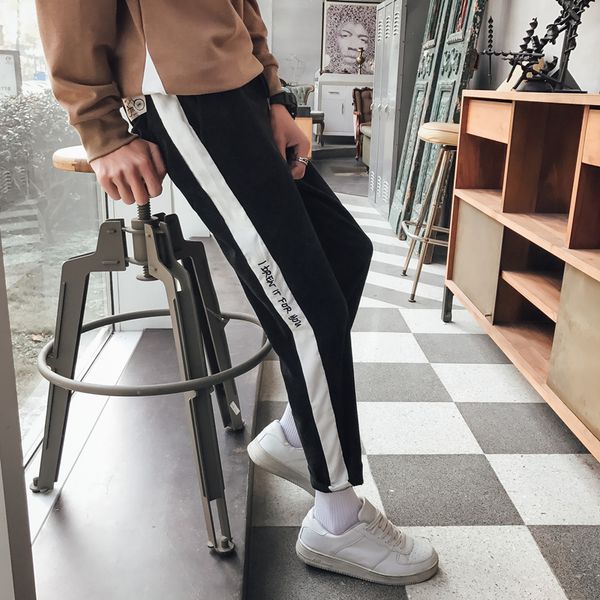 

men casual pants men large size loose ankle length pants micro-elastic contrast color embroidery pencil, Black