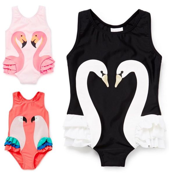 

baby swimsuit swan print one piece swimwear girls flamingo ruffle bikini summer princess beachwear cap set kids bathing suit sets cls816, Black