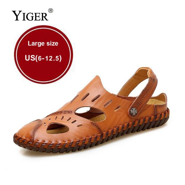 

yiger new men's genuine leather sandals oxford sole leisure outdoor beach shoes sandals slippers dual use large size 38-48 0062, Black
