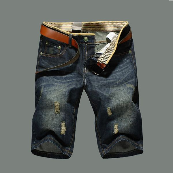 

summer thin section 087 # men medium waist with holes straight-cut knee-length denim shorts teenager boy's retro shorts breeches, Blue