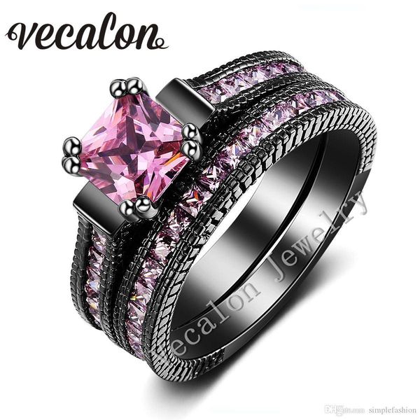 

vecalon vintage wedding band ring set for women pink sapphire simulated diamond cz 14kt black gold filled female engagement ring981, Slivery;golden