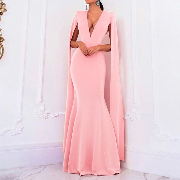 

luxury cape long sleeve pink long party dress mermaid women ladies dinner evening slim v neck backless maxi dress trumpe, Black;gray