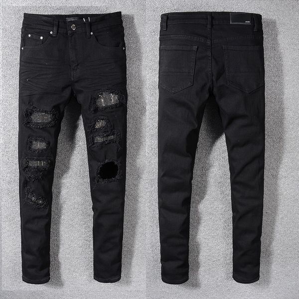 

mens jeans designer ripped man hip hop jeans slim denim straight biker trousers brand ami black cool motorcycle jeans 565, Blue