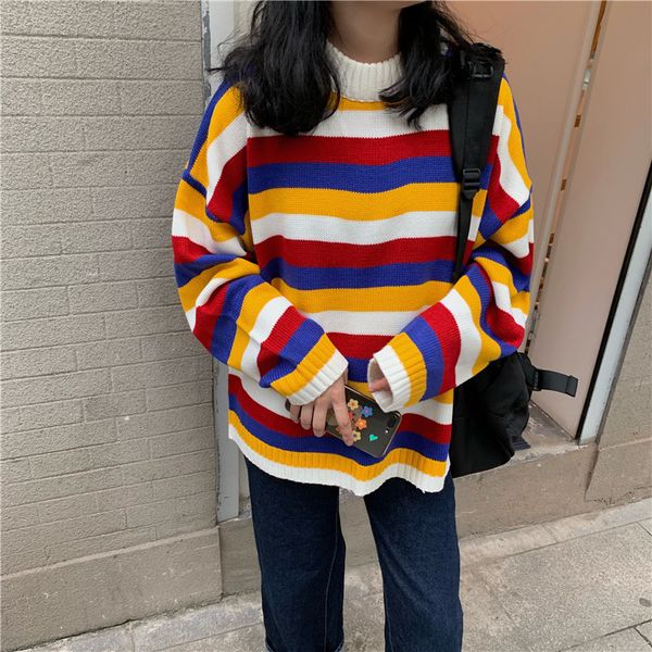 

winter cute women rainbow sweater 2019 korean preppy style loose femme pull vintage yellow red striped ladies knitted jumper, White;black