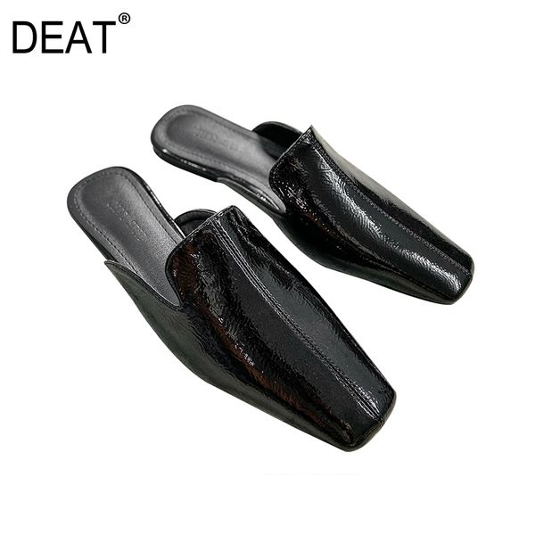 

deat] 2020 new spring summer square toe shallow patent leather temperament outside flat slippers women shoes fashion 10g062, Black