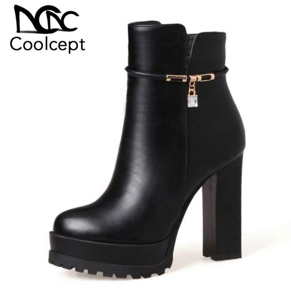 

coolcept office lady high heel boots warm winter shoes women beading platform ankle boots fashion footwear size 33-43, Black