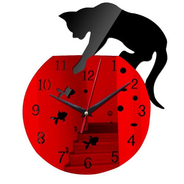

easy install durable wall clock cute decoration diy unique modern mute running cartoon cat acrylic mirror bedroom waterproof