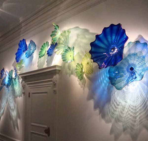 

gallery wall art elegant blue shade murano glass plates 100% hand blown glass wall light decorative luxury flower art glass wall sconce