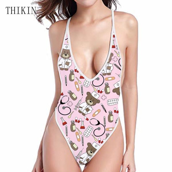 

thikin 2019 new one piece monokini cute cartoon bear print bathing swimwear women deep v neck female summer swimsuit, White;black