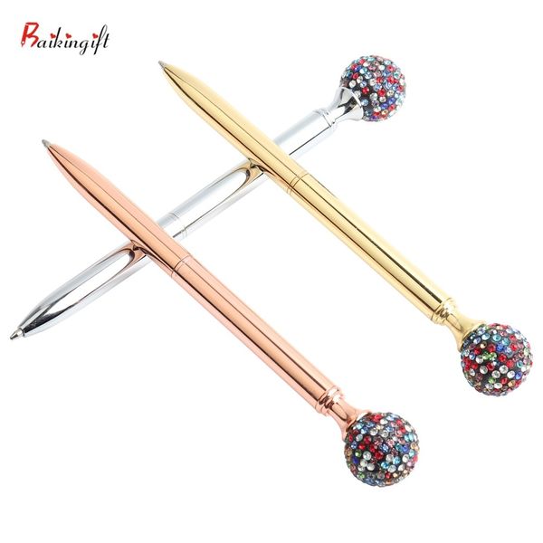 

2019 new ballpoint pen round colored diamonds metal material beautiful pen 0.7mm student stationery gift custom, Blue;orange