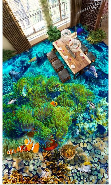 

3D pvc flooring waterproof self-adhesive 3d wall murals wallpaper Underwater World Tropical Fish Bathroom Bedroom 3D Floor Tiles