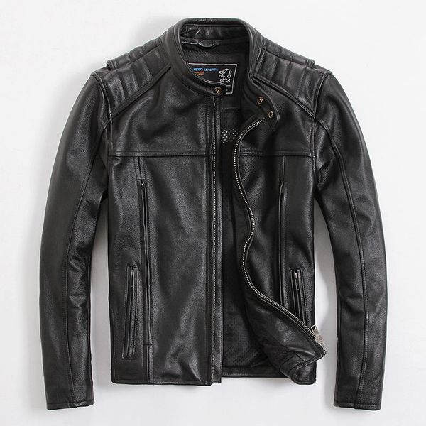 

men's slim fit motorcycle leather jacket black cow leather biker jacket for men stand collar moto bike coat for male black