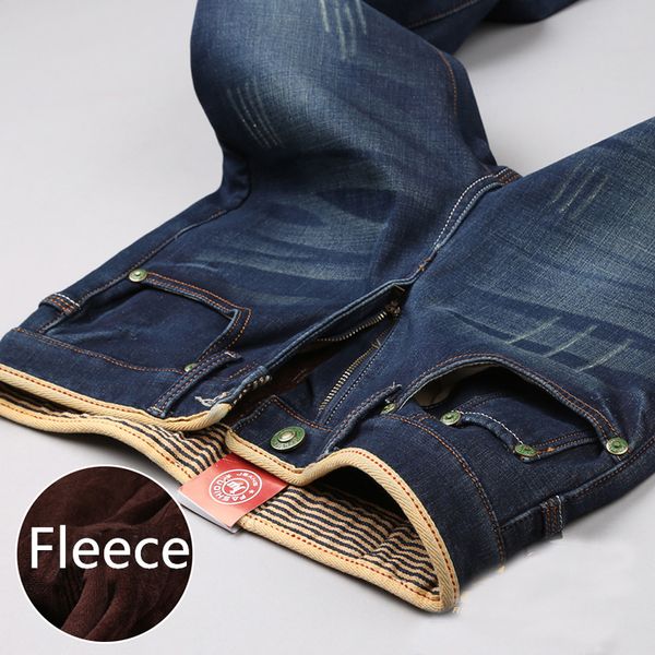 

men winter fleece thick warm jeans new fashion male straight slim jeans, Blue