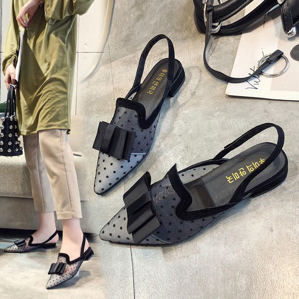 

mesh lace women sandals polka dot butterfly knot pointed toe shoes low heels sandals sandalias mujer casual shoes e3, Black
