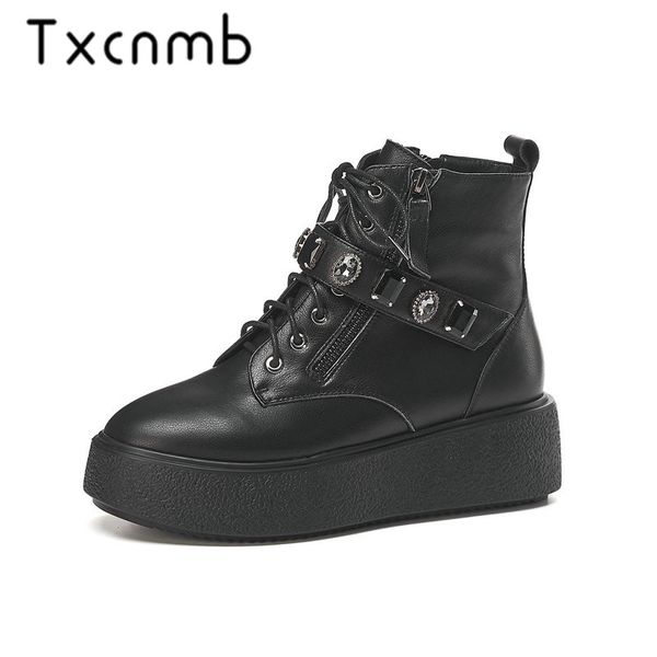 

txcnmb genuine leather ankle boots lace-up round toe platform zipper casual boots women shoes woman for winter black beige
