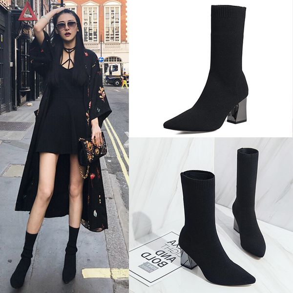 

short boots woman 2019 autumn coarse with elastic force sharp knitting socks and boots high with middle all-match, Black