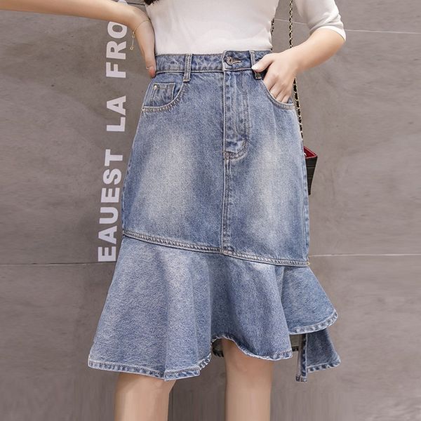 

2019 women denim skirts bodycon trumpet skirt high waist knee length skirt fashion irregular hem summer ruffle jeans, Black