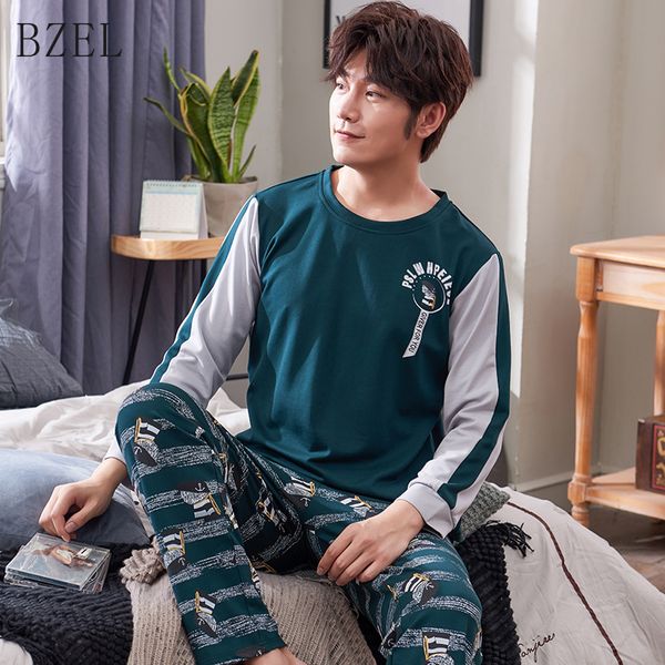 

bzel pyjamas men cotton autumn pajama set and trousers long sleeve pijamas round neck sleepwear nightwear plus size l-3xl, Black;brown