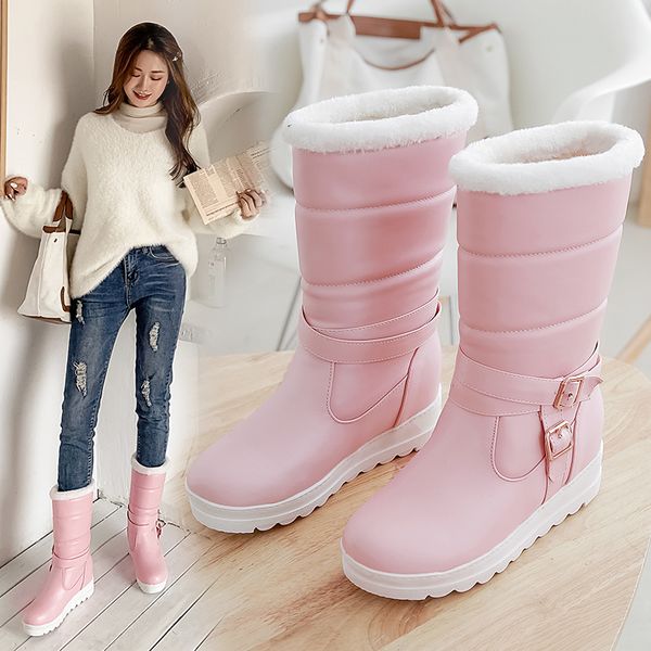 

winter keep warm women round toe slip-on mid-calf boots solid pu leather snow boots 2020 sweet party casual shoes woman, Black