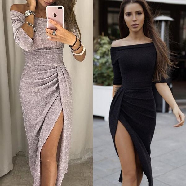 

women high slit party dress autumn female silk shiny bodycon maxi dress elegant off shoulder glitter long dress, Black