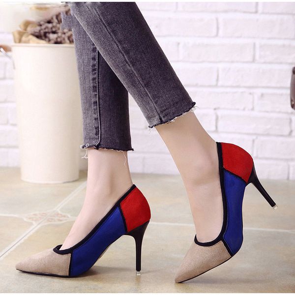 

women pointed toe pumps thin high heels shoes mixed colors patchwork female fashion ladies office shoes, Black