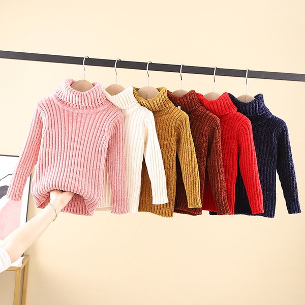 

синель хлопок лён 2018 года корейский детской одежды для мальчиков и девочек высокий воротник свитера детей свитер протяжения, Blue