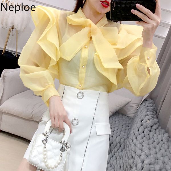 

neploe women elegant blouse 2020 spring autumn bow tie collar long sleeve blusas ruffle patchwork korean sweet shirts 59006, White