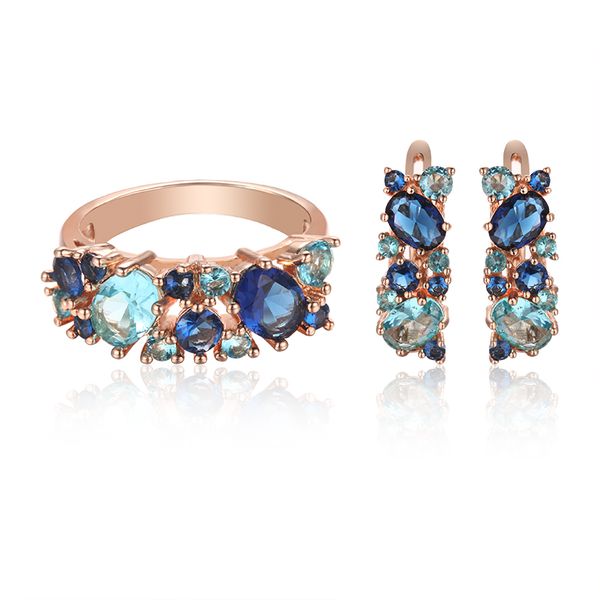 

fj 7mm women blue stone jewelry sets 585 rose gold color flowers shaped bridal rings earrings set, Slivery;golden