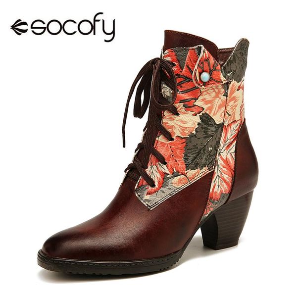 

socofy retro genuine boots leather print flowers pattern stitching zipper high heel boots embossed shoes women elegant shoes, Black