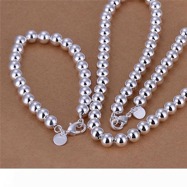

s081 fashion jewelry set 925 silver plated 8mm beads chain necklace & bracelet  party gifts ing