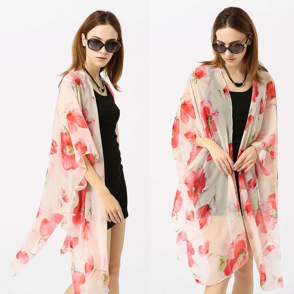 

womens chiffon 3/4 sleeves swimsuit cover up bohemian poppy flower printed lightweight asymmetric open front kimono cardigan top, White