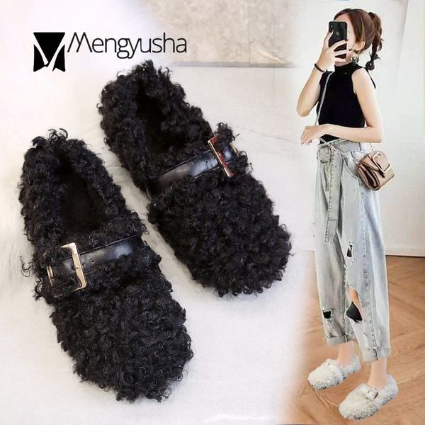 

long curly lamb wool warm flats cotton shoes woman 2019 winter plus size slip-on loafers trendy buckle shallow mary jeans shoes, Black