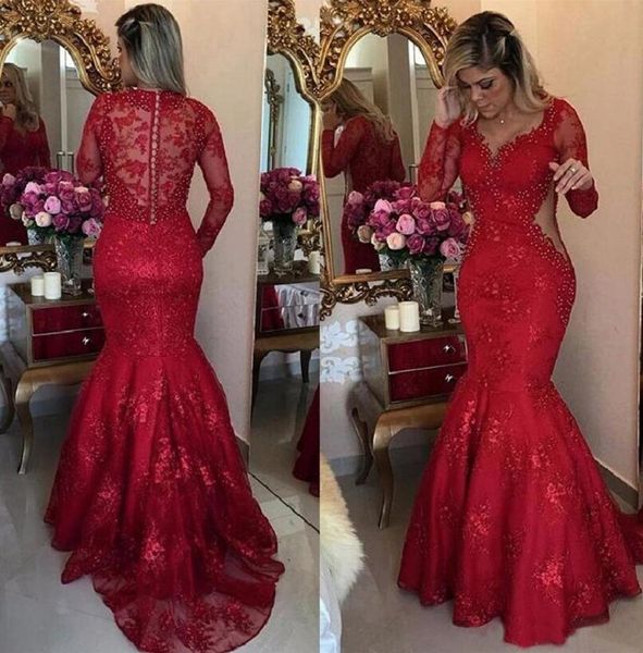 

mermaid v neck trumpet lace dresses applique red evening dress formal dresses long sleeve prom party gown beaded264q, Black;red