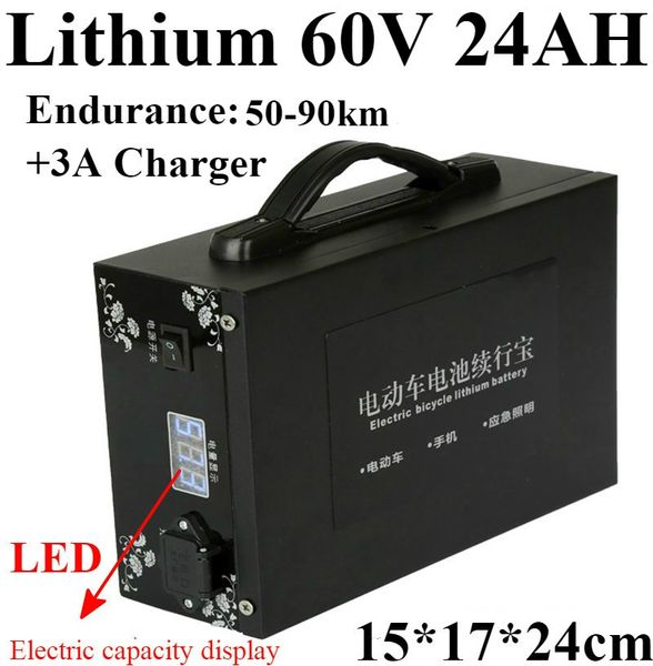 Potente LED Bateria capacidade de exibição 60 v 24AH bateria de lítio Portátil 60 V 24AH para 3000 W 1800 W 60 V carro elétrico Triciclo AGV
