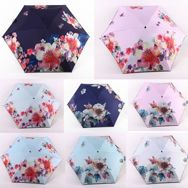 

printing shading outdoor portable ultra light five-folding umbrella uv protection umbrella waterproof flower printing umbrella dh0880 t03