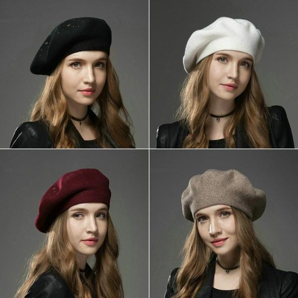 

women flat cap artificial woolen baret solid keep warm lightweight hat windproof knitting drilling casual, Blue;gray