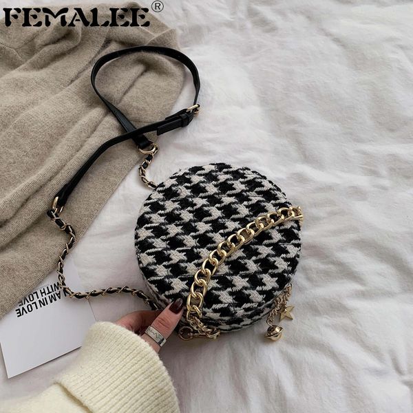 

fashion circle wool handbags for women tweed shoulder bag chains handle tote ladies purse round bags tassel zipper messenger bag