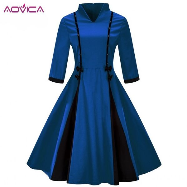 

aovica 3xl 4xl plus size women clothing pin up vestidos spring autumn winter retro casual party robe rockabilly vintage dresses, Black;gray