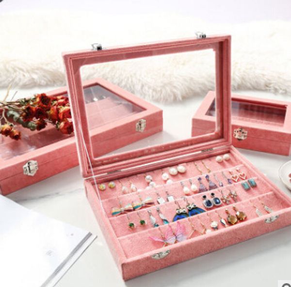

jewelry storage box earring ring organizer cherry red flannelette jewelry ear nails necklace display case with glass cover