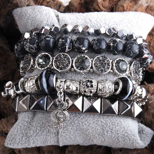 

rh fashio beaded bracelet set natural stone metal crystal 5pc bracelets & bangles set for women fashion jewelry, Black